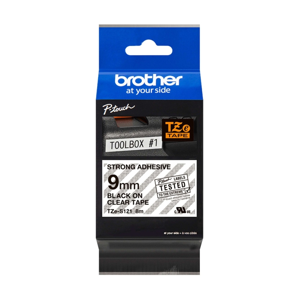 Original Brother extra-stark klebendes Laminiertes Schriftband TZE-S121 Schwarz auf Transparent (9mm / 8m)