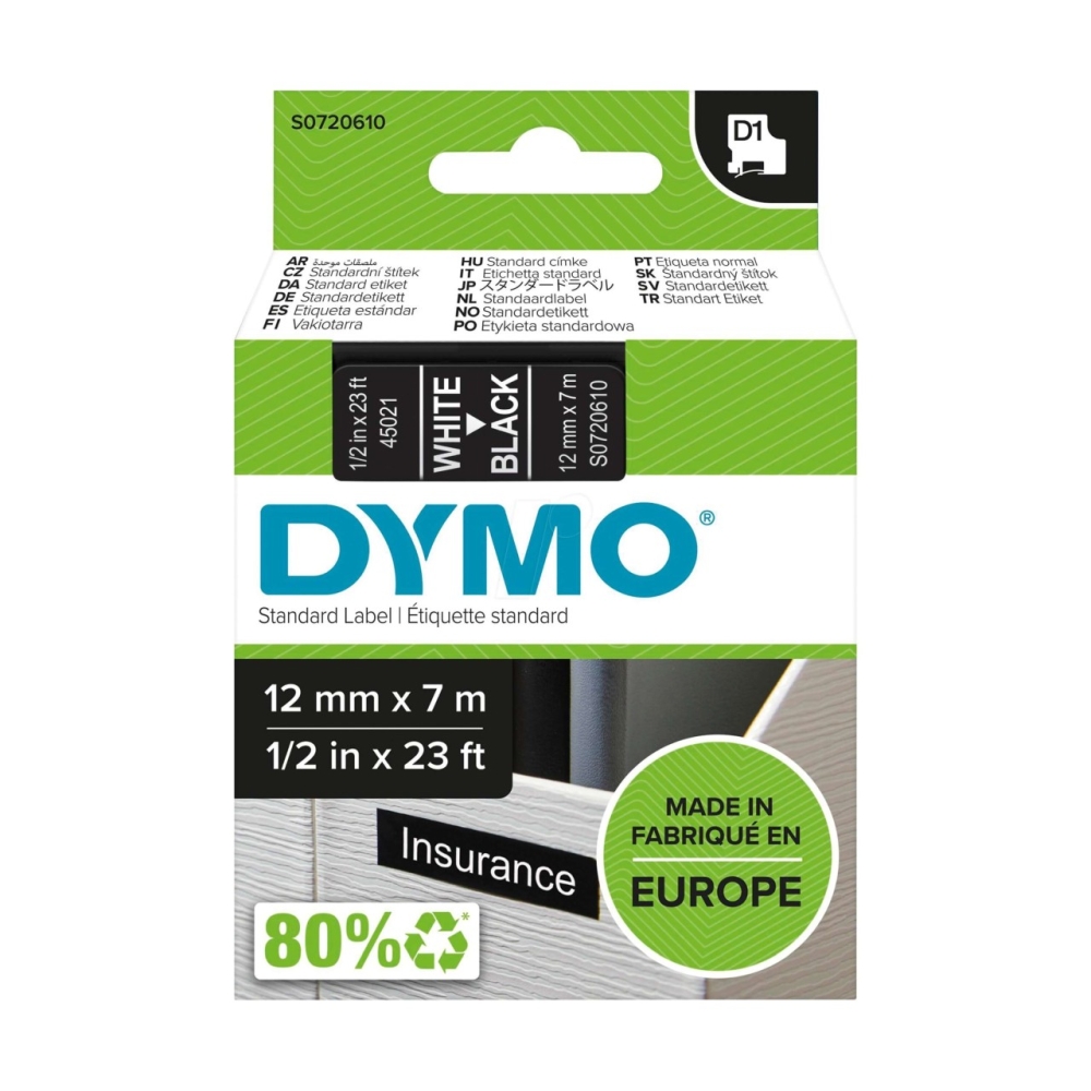 Original Dymo Laminiertes Polyesterband 45021 / S0720610 Weiss auf Schwarz (12mm / 7m)