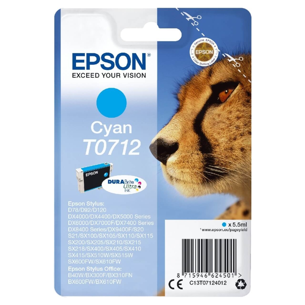 Original Epson Tintenpatrone C13T07124012 / T0712 Cyan