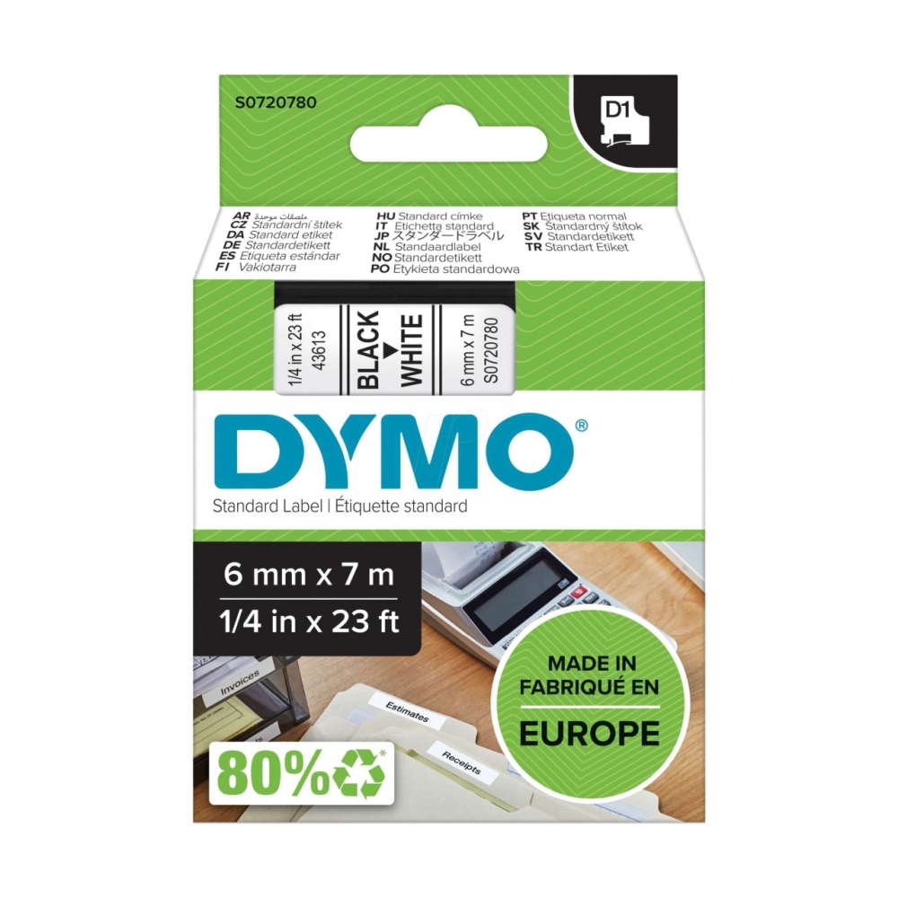 Original Dymo Laminiertes Polyesterband 43613 / S0720780 Schwarz auf Weiss (6mm / 7m)