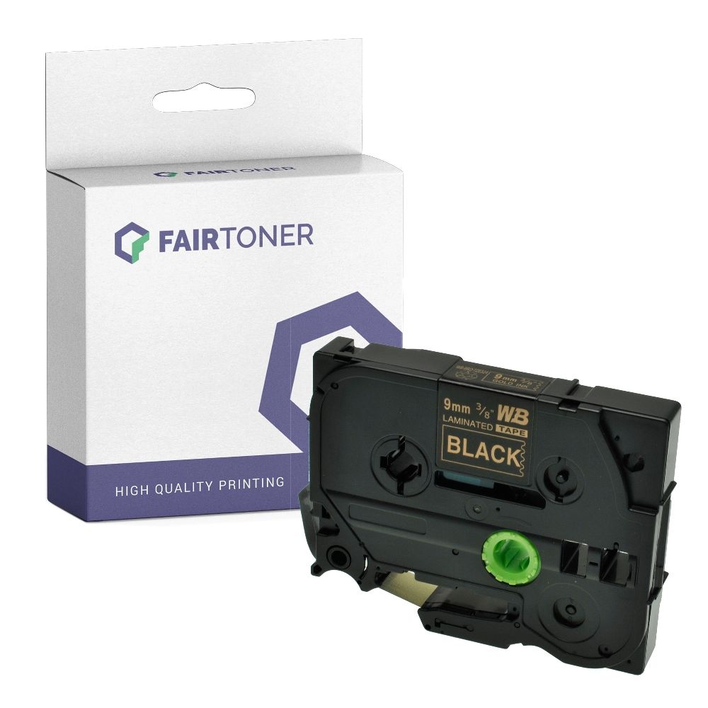 FairToner kompatibel für Brother Laminiertes Schriftband TZE-324 Gold auf Schwarz (9mm / 8m)
