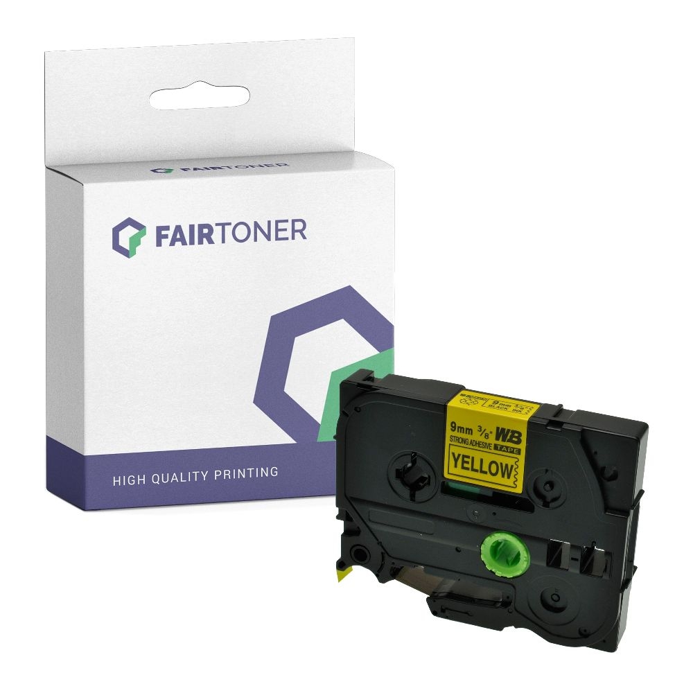 FairToner kompatibel für Brother extra-stark klebendes Laminiertes Schriftband TZE-S621 Schwarz auf Gelb (9mm / 8m)