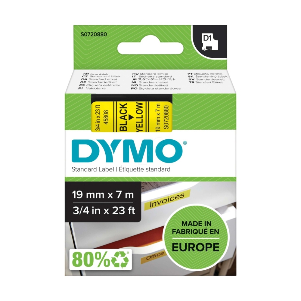 Original Dymo Laminiertes Polyesterband 45808 / S0720880 Schwarz auf Gelb (19mm / 7m)