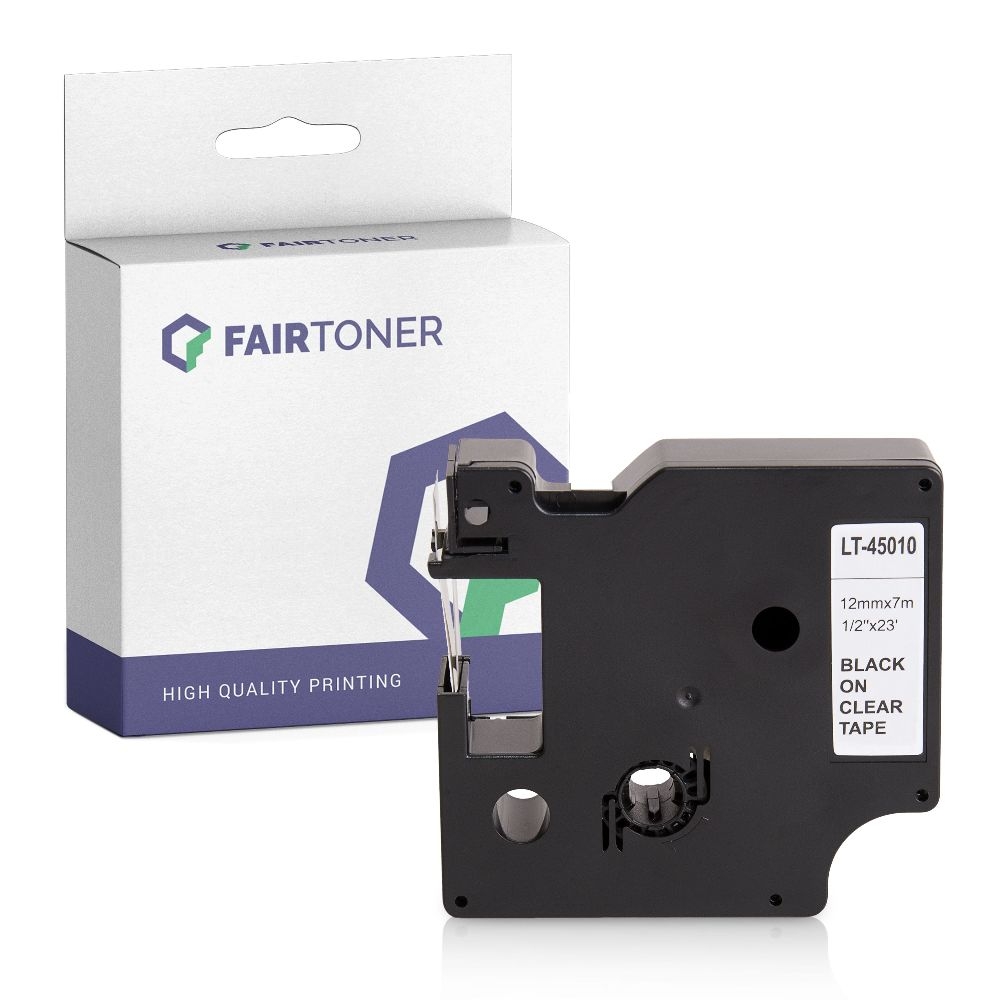 FairToner kompatibel für Dymo Laminiertes Polyesterband 45010 / S0720500 Schwarz auf Transparent (12mm / 7m)