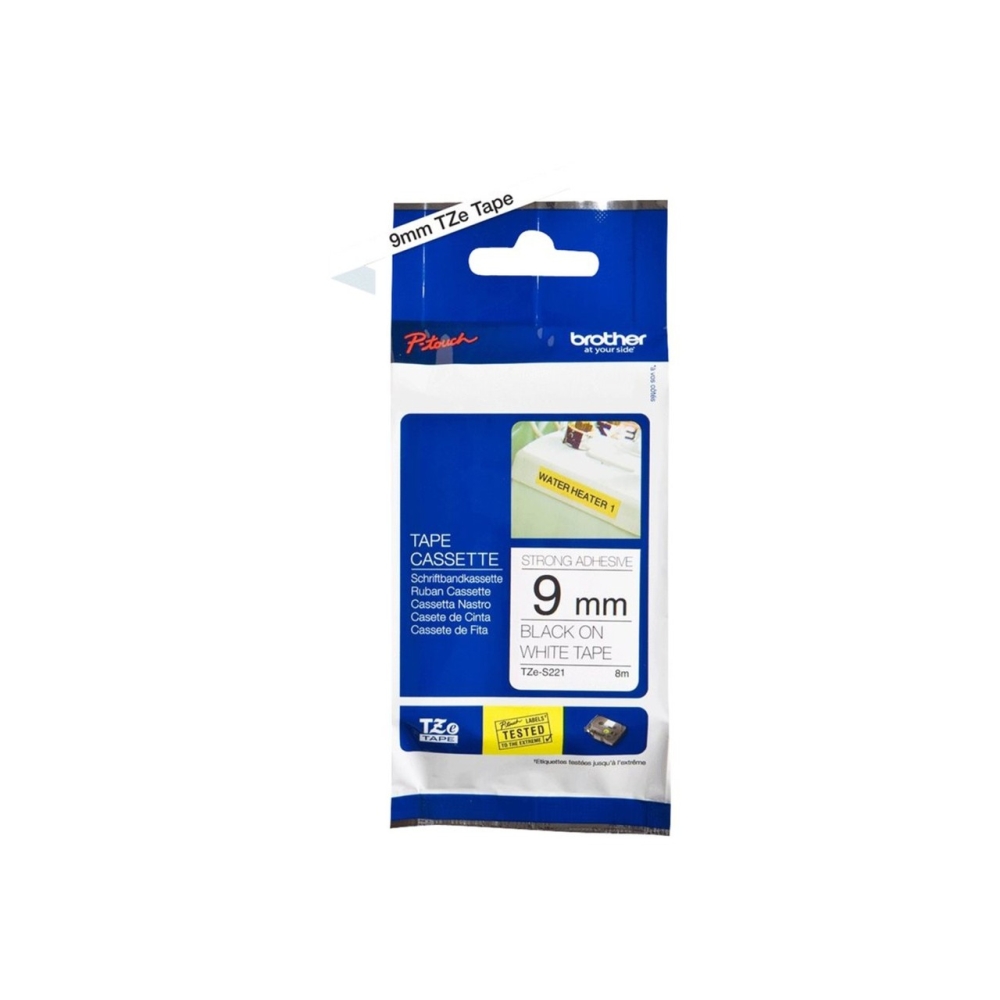 Original Brother extra-stark klebendes Laminiertes Schriftband TZE-S221 Schwarz auf Weiss (9mm / 8m)