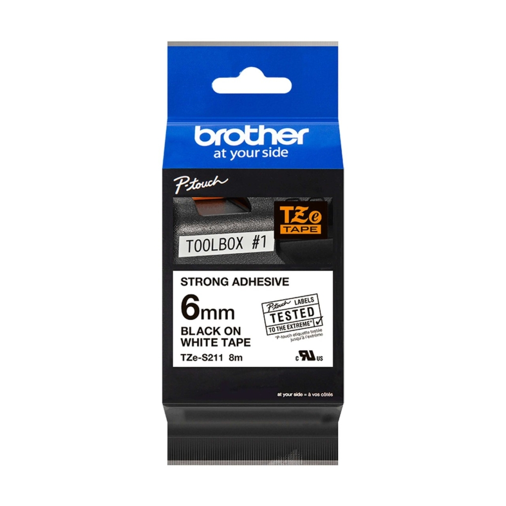 Original Brother extra-stark klebendes Laminiertes Schriftband TZE-S211 Schwarz auf Weiss (6mm / 8m)