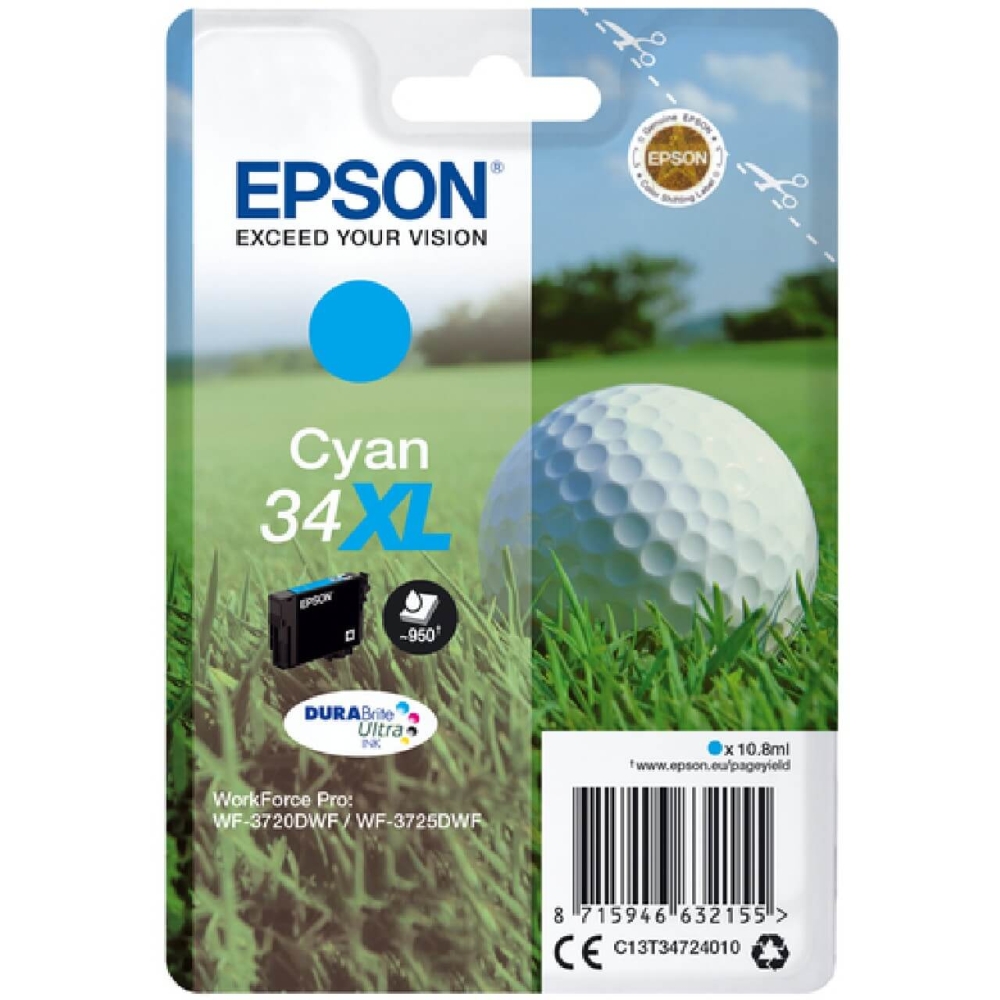 Original Epson Tintenpatrone C13T34724010 / 34XL Cyan [XL Füllmenge]
