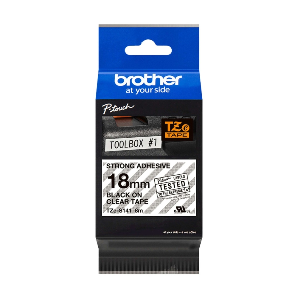 Original Brother extra-stark klebendes Laminiertes Schriftband TZE-S141 Schwarz auf Transparent (18mm / 8m)