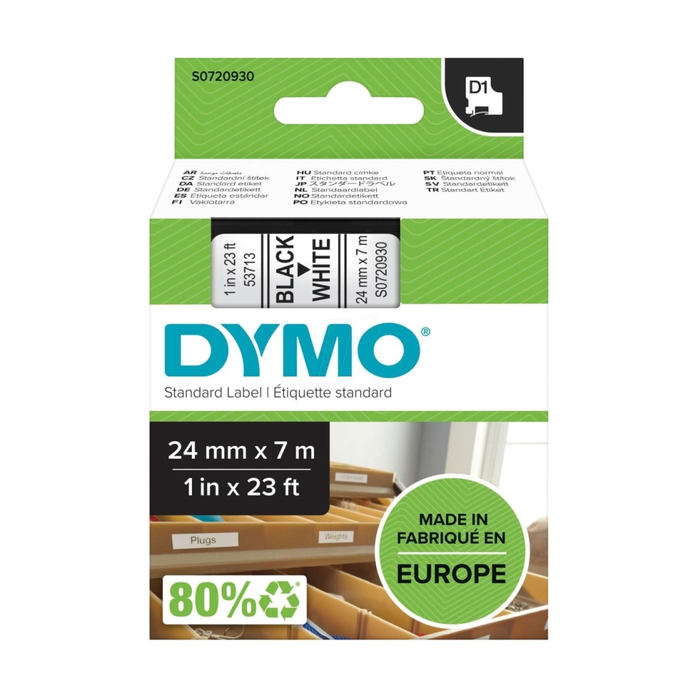 Original Dymo Laminiertes Polyesterband 53713 / S0720930 Schwarz auf Weiss (24mm / 7m)