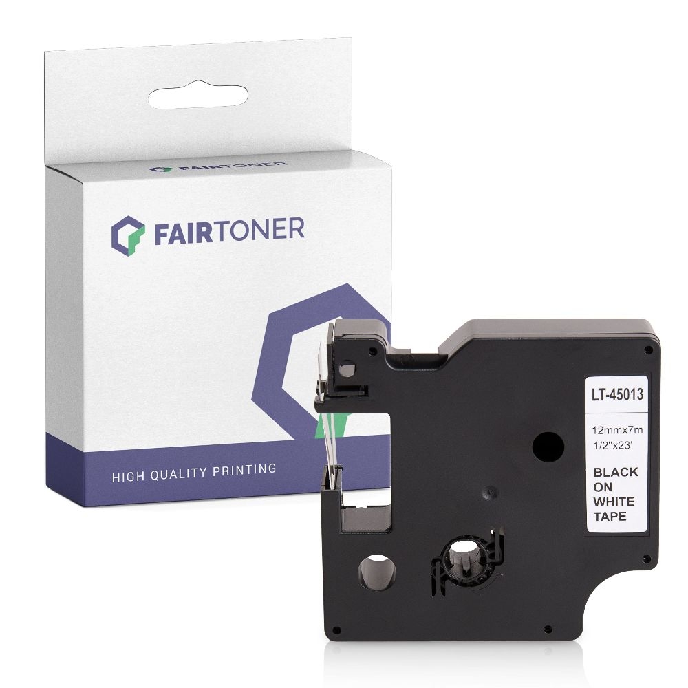 FairToner kompatibel für Dymo Laminiertes Polyesterband 45013 / S0720530 Schwarz auf Weiss (12mm / 7m)