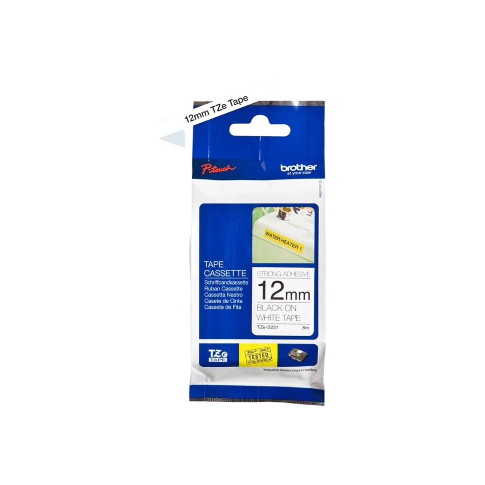 Original Brother extra-stark klebendes Laminiertes Schriftband TZE-S231 Schwarz auf Weiss (12mm / 8m)