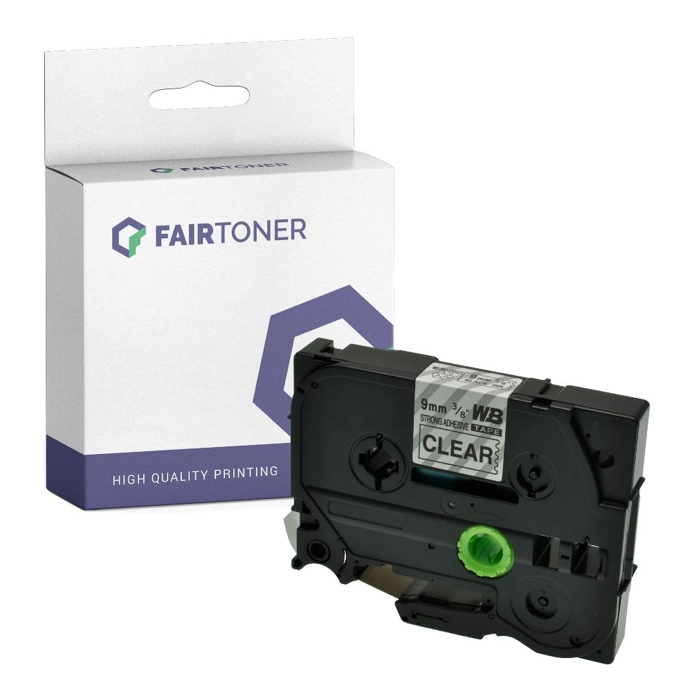 FairToner kompatibel für Brother extra-stark klebendes Laminiertes Schriftband TZE-S121 Schwarz auf Transparent (9mm / 8m)