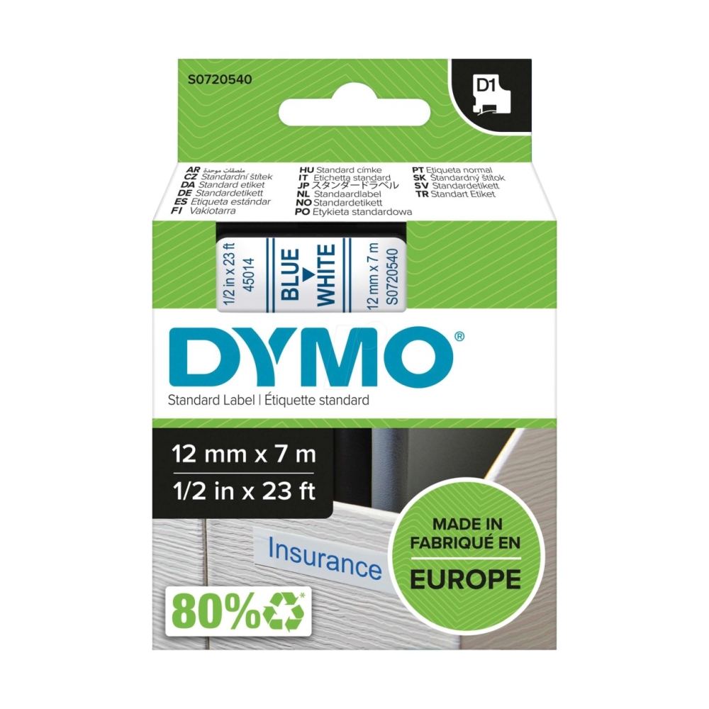 Original Dymo Laminiertes Polyesterband 45014 / S0720540 Blau auf Weiss (12mm / 7m)