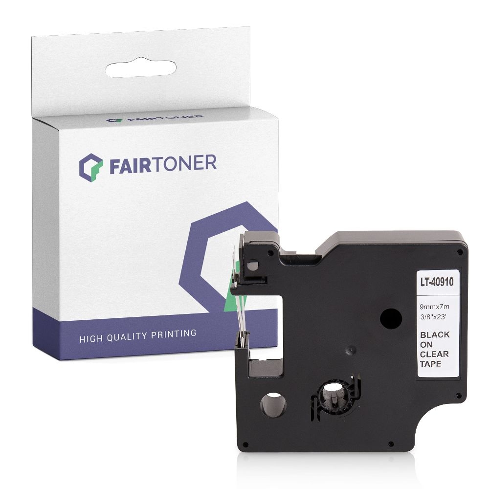 FairToner kompatibel für Dymo Laminiertes Polyesterband 40910 / S0720670 Schwarz auf Transparent (9mm / 7m)