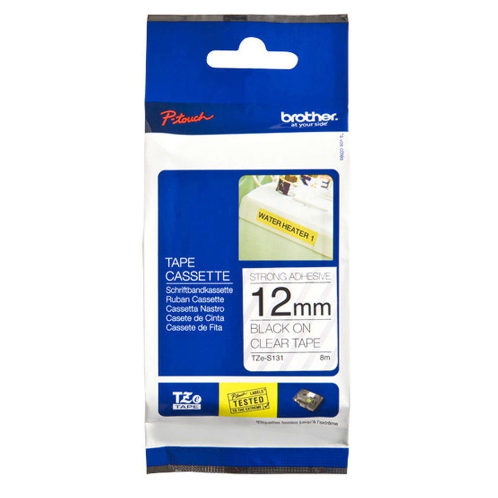 Original Brother extra-stark klebendes Laminiertes Schriftband TZE-S131 Schwarz auf Transparent (12mm / 8m)