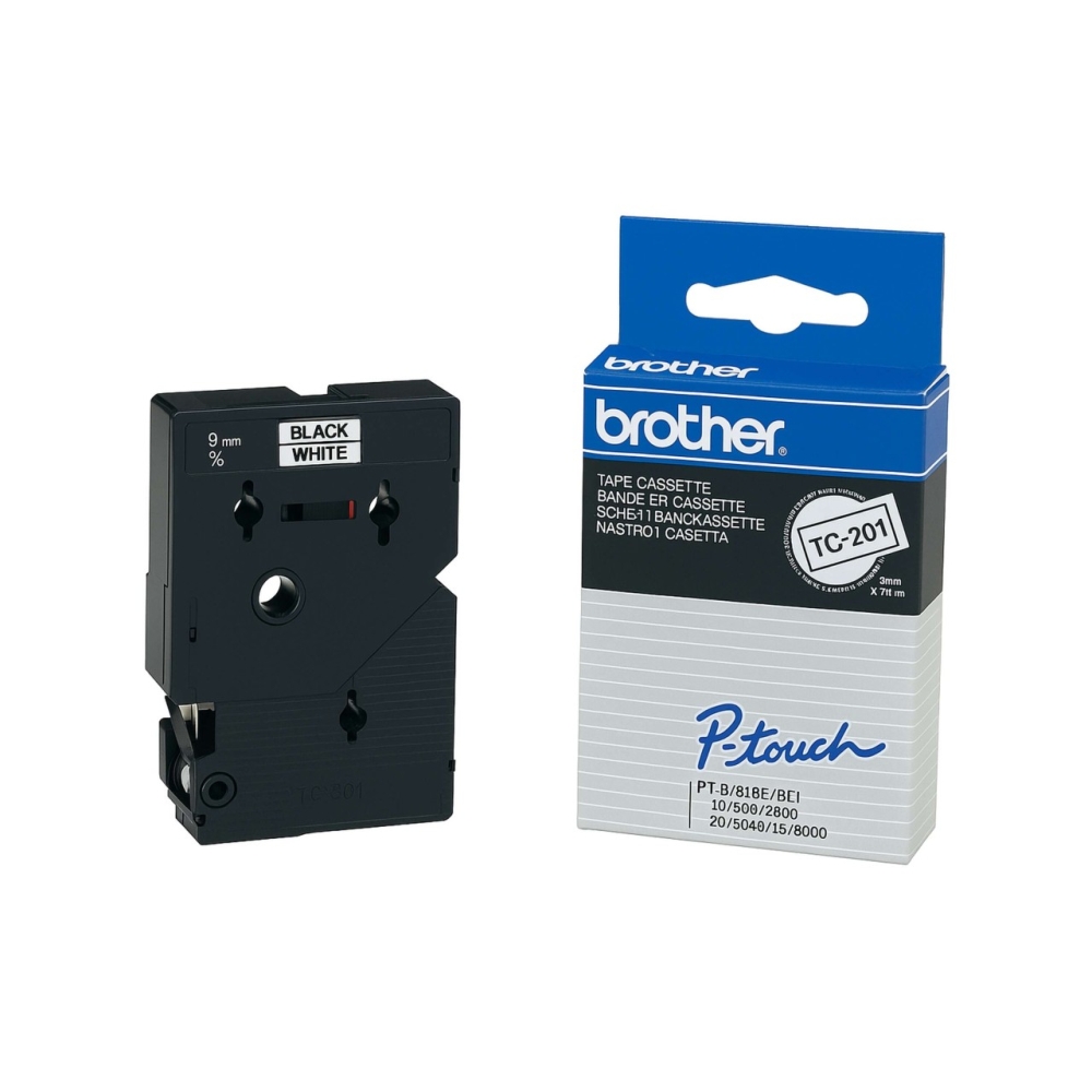 Original Brother Laminiertes Schriftband TC-201 Schwarz auf Weiss (12mm / 7.7m)