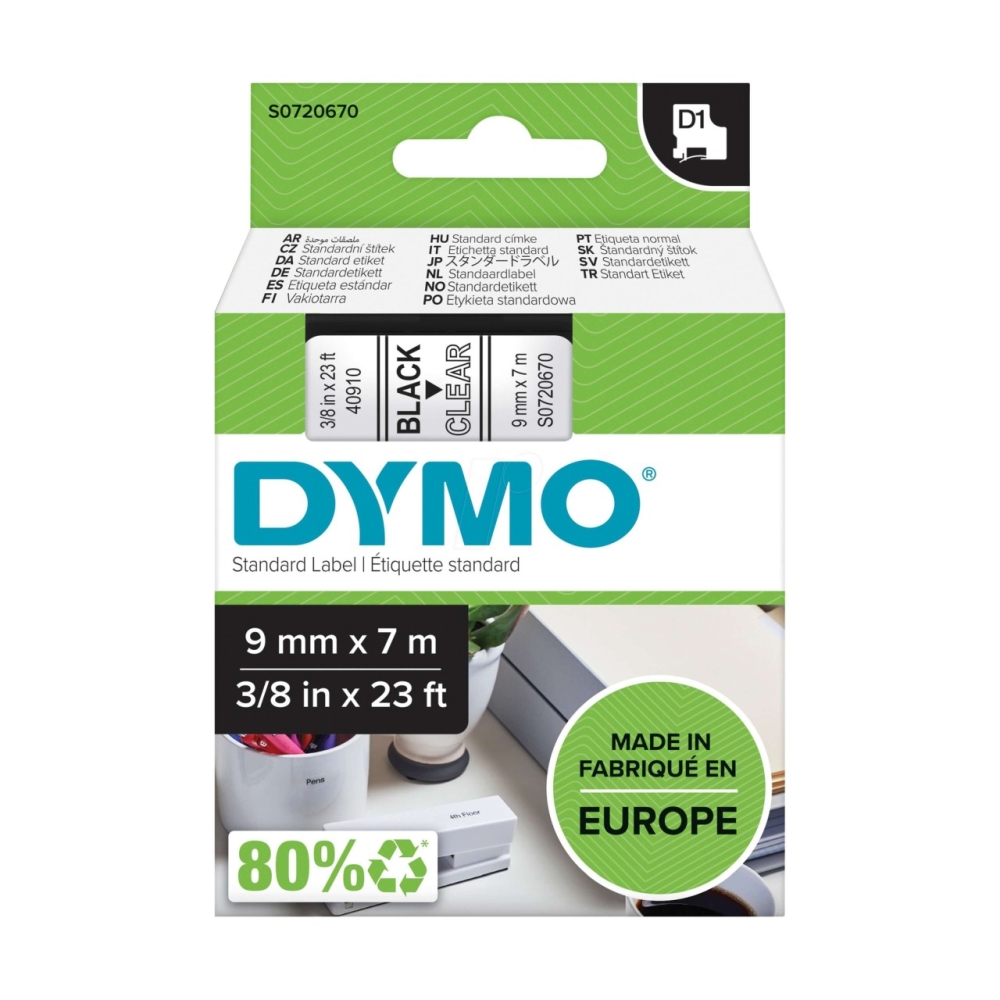 Original Dymo Laminiertes Polyesterband 40910 / S0720670 Schwarz auf Transparent (9mm / 7m)
