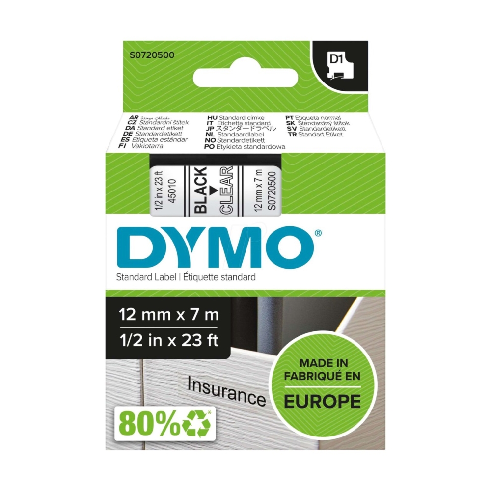 Original Dymo Laminiertes Polyesterband 45010 / S0720500 Schwarz auf Transparent (12mm / 7m)